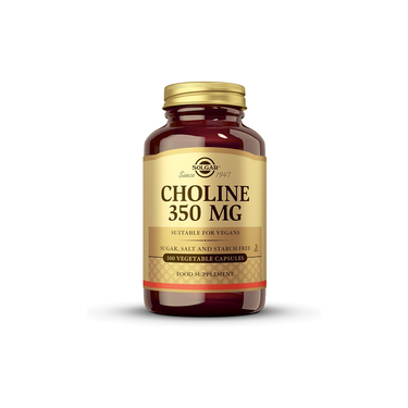 Solgar Choline 350 mg provides 100 vegetable capsules, suitable for vegans and free from sugar, salt, and starch. This supplement supports acetylcholine synthesis and is also known as vitamin B4.